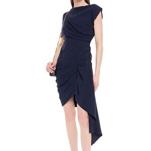 Oscar de la Renta Navy Draped Silk Asymmetrical Navy Dress 6 NWT